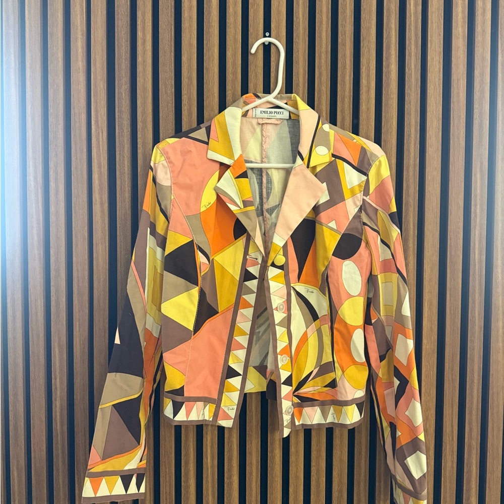 Emilio Pucci Geometric Orange and Yellow Blazer worn by actress Tara Reid